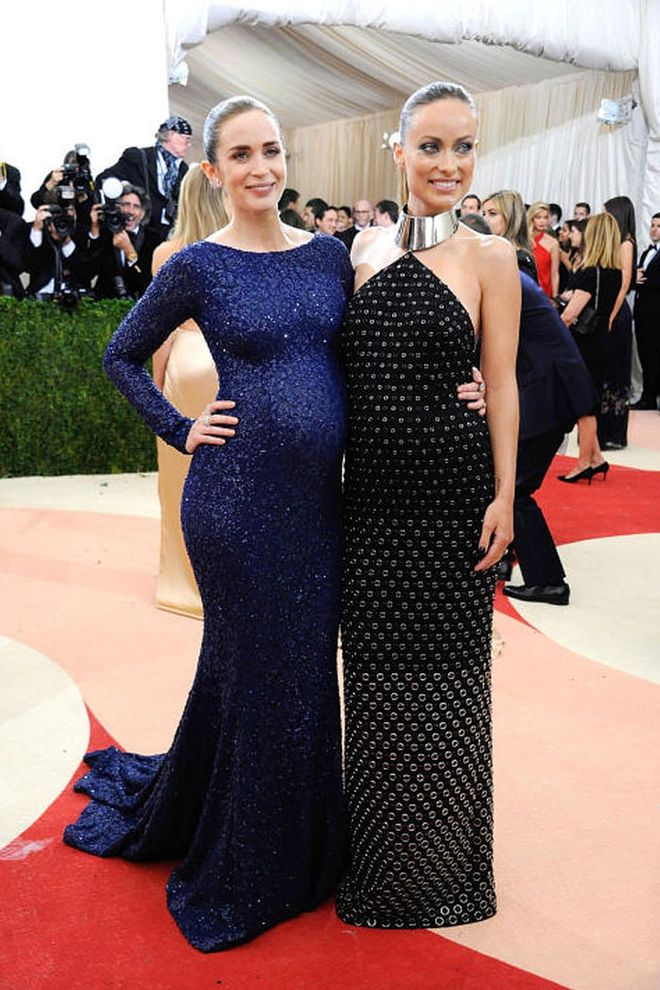 Emily Blunt and Olivia Wilde proudly showed off their bumps in form-fitting sparkles at this year's Met ball.Photo: Getty
