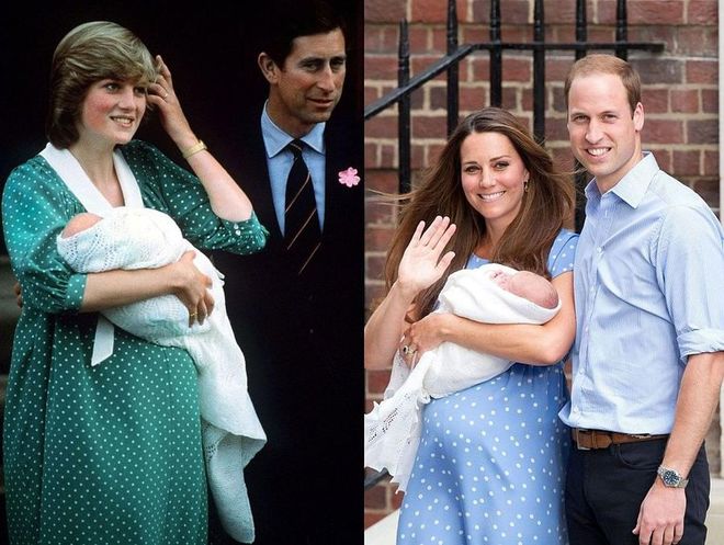 Diana and Charles present William on the day after his birth in 1982; Kate and William with Prince George on the day after his birth, 2013.