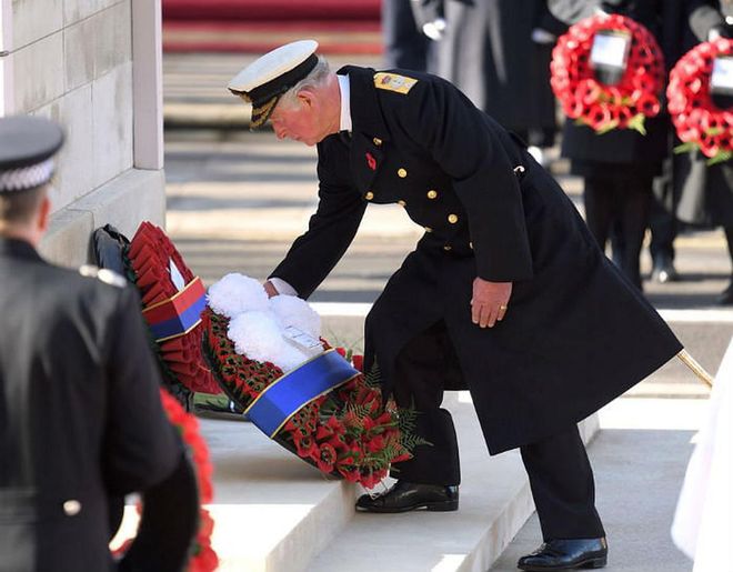 Prince Charles lays a wreath of poppies at the Cenotaph memorial on the Queen's behalf, in honor of the service people who have died during war and conflict.

Photo: Getty