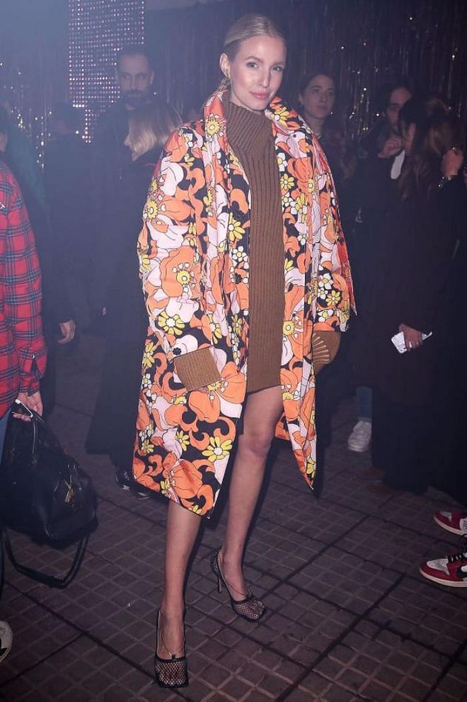 Leonie Hanne posed in a patterned coat at the show.

Photo: Pietro S. D'Aprano / Getty