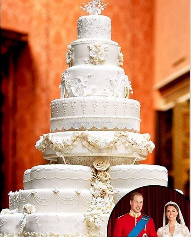 A royal wedding requires a show-stopping cake, and Prince William and the Duchess of Cambridge did not let us down. Their cake, made by pastry chef Fiona Cairns, was an eight-tiered traditional fruit cake with white icing, decorated with up to 900 sugar-paste flowers, garlands to mirror the architectural details in Buckingham Palace, lattice work, and piped leaf detail. Photo: Instagram