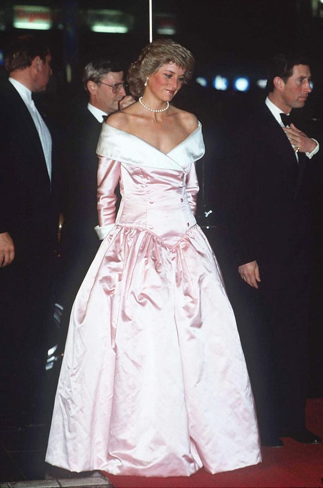 Another wonderful evening option, this one with an off-the-shoulder neckline and yards of pink satin. Photo: Getty 