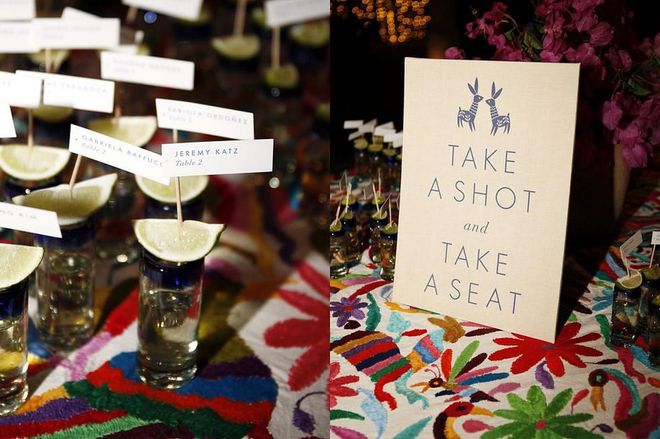 Calligraphy and beautifully designed place cards are elegant and chic, but getting the good vibes going from the moment your guests arrive to your reception sends the message that they should prepare for an amazing experience–and an epic party. Make sure the passed drink in question suits the tone of your event–the tequila shots, pictured here, kicked off a night of dancing in Punta Mita; but a petite Aperol Spritz, glass of champagne, sip of whiskey, or your favorite drink as a couple could be simply subbed in.

Photo: Getty