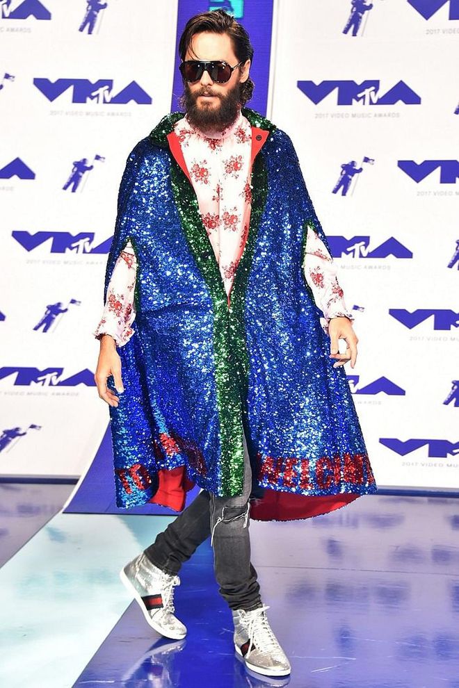 Leto really went for it in this colorful sequin Gucci cape.