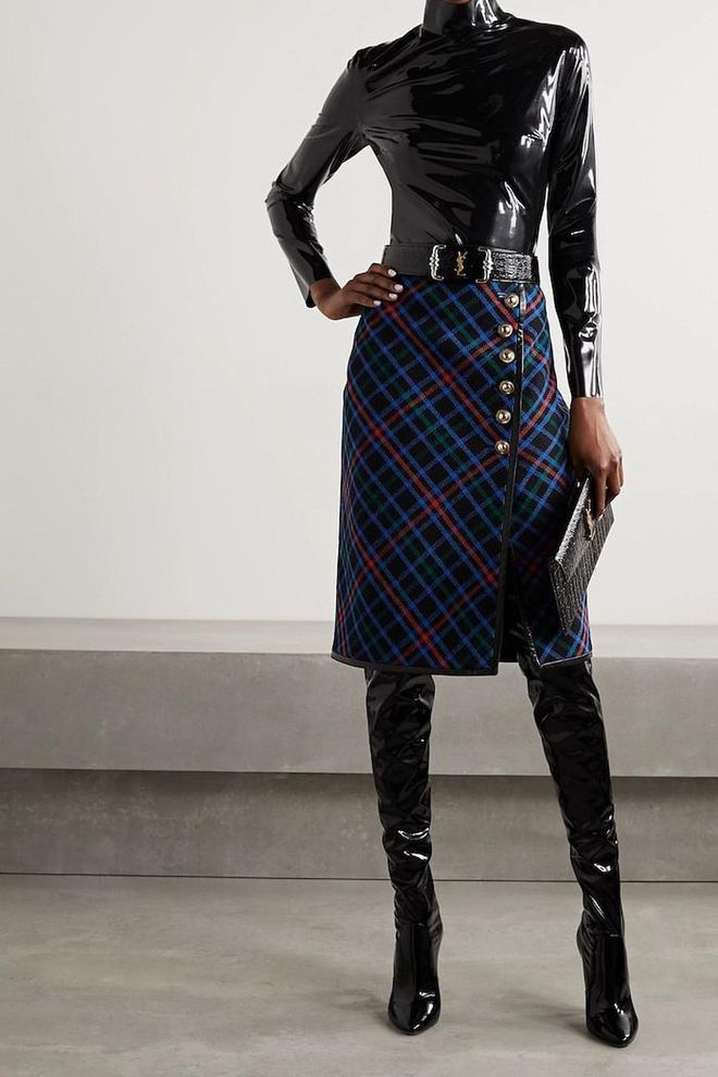 Leather-trimmed checked wool-twill skirt , $2,277, Saint Laurent at Net-a-Porter
