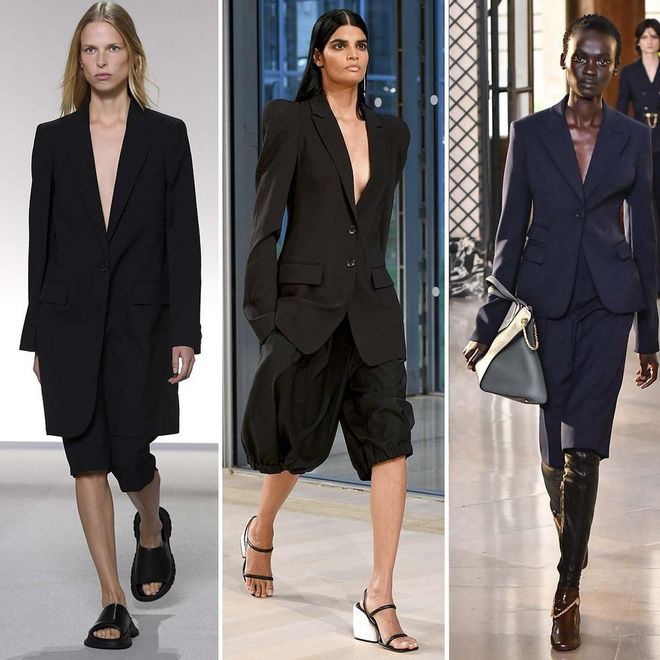 Last season’s penchant for long Bermuda shorts continued at Givenchy, Tibi and Altuzarra, where the style was teamed with softly tailored blazers, which were worn bare underneath and styled with sandals or boots.