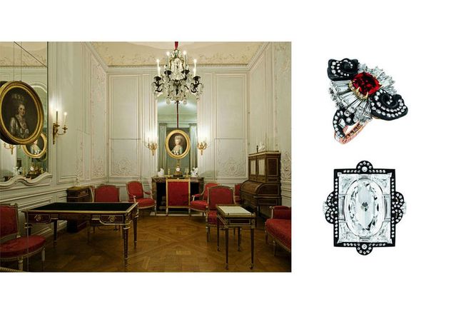 A collection of seven rings plays on decorative motifs such as scrollwork and moulding.