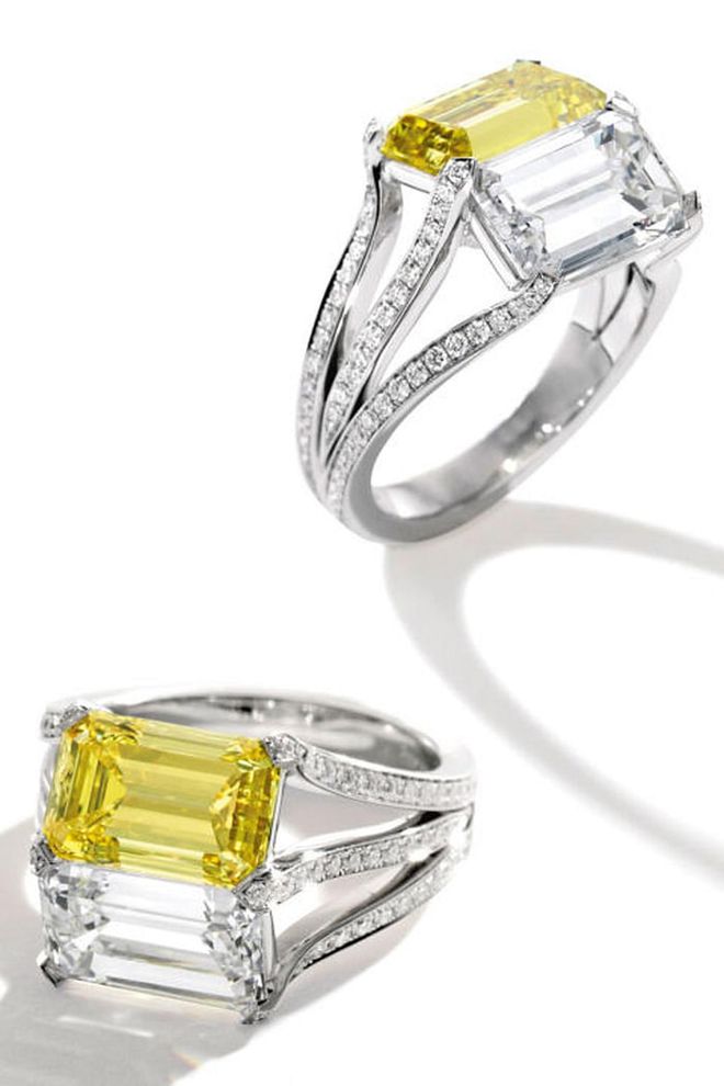 Platinum, Fancy Vivid Yellow Diamond and Diamond 'Twin' Ring, Carvin French
Estimate $120,000 — 150,000
Photo: Sotheby's