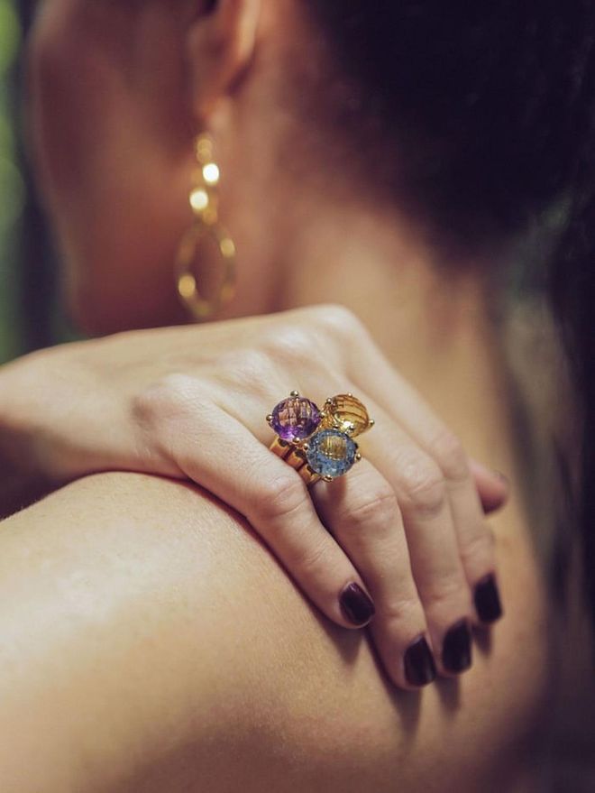 Singapore Jewellery Designer Joanne L's gold plated Celebration Solitaire rings with quartz, amethyst and topaz