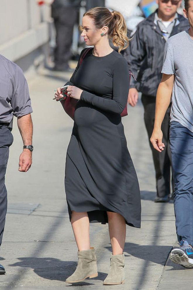 While out and about the actress favoured an easy-to-wear stretch jersey dress and flat boots.. Photo: Getty