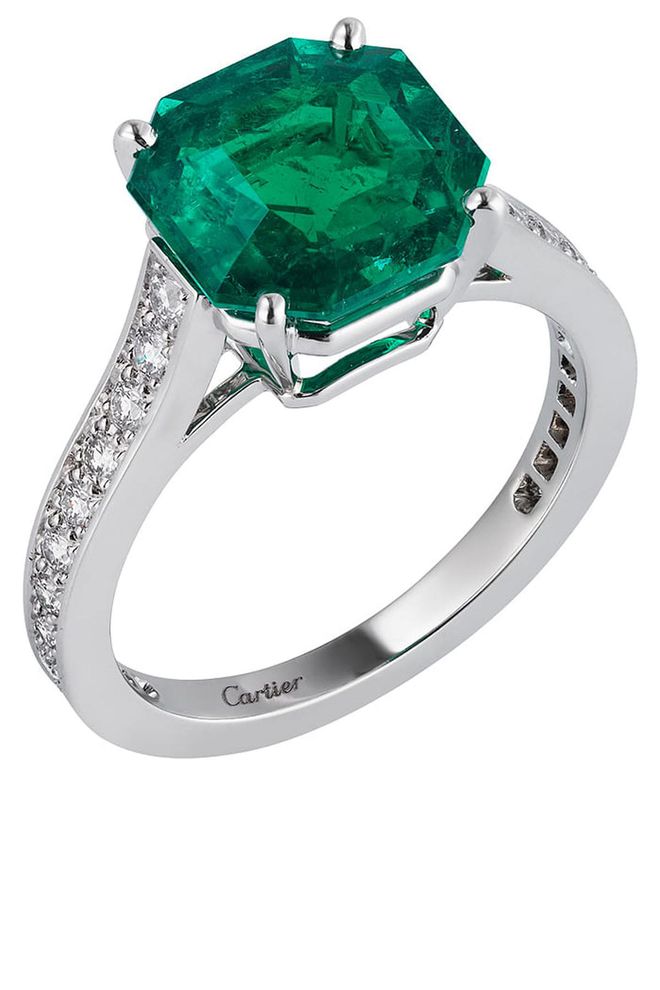 Emerald and diamond ring set in platinum, price upon request, cartier.com.
