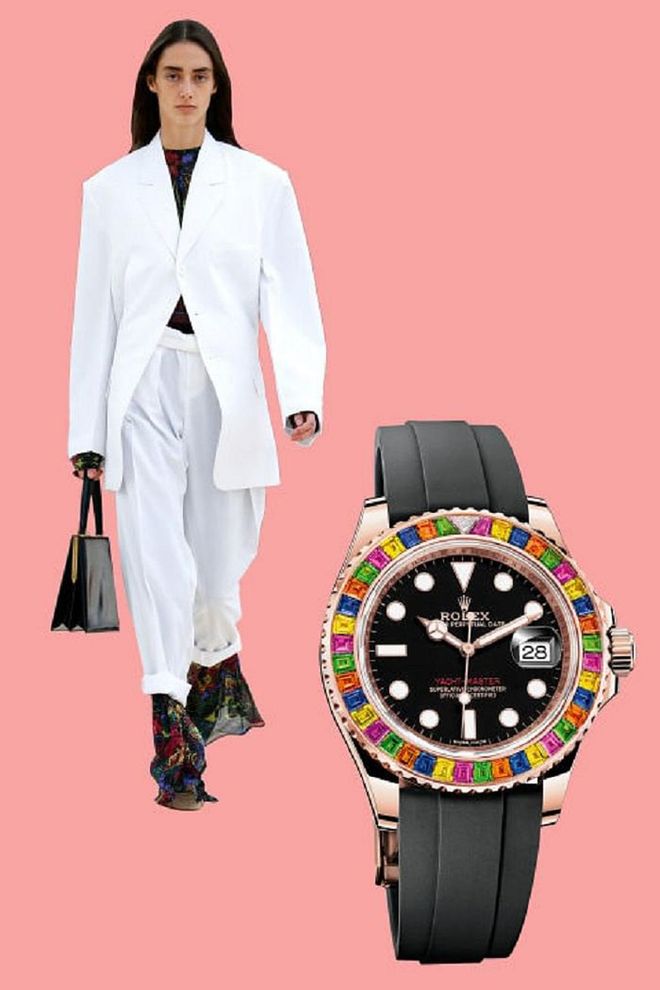 Something Céline's Phoebe Philo and Rolex both seem to know: Color looks best when set against stark white or solid black. Both designers' collections this year feature pops of bright, playful hues against more classic, streamlined elements for a totally multidimensional feel.

Yacht-Master 40, $65,600, rolex.com