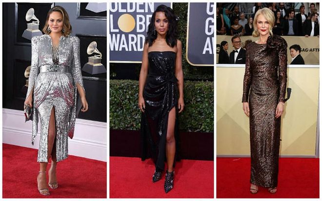 Awards season is well and truly embracing glitter, with Chrissy Teigen shimmering at the Grammys and Kerry Washington rocking sparkles at the Golden Globes. But how to do glitzy glamour IRL?

"It's safe to say sequins are no longer just for Christmas—slipping into a sequin number is just as fitting for a beach party or a country wedding," says Martha. "You can tone the sparkle down by wearing a flat sandal and go easy on the jewellery. The sequins will speak for themselves, so less is more."
Chrissy Teigen in Yanina Couture, Kerry Washington in Prabal Gurung, Nicole Kidman in Giorgio Armani
Photo: Getty