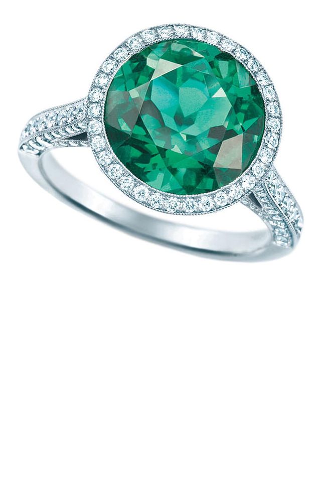 Round emerald ring with diamonds in platinum, $160,000, tiffany.com.
