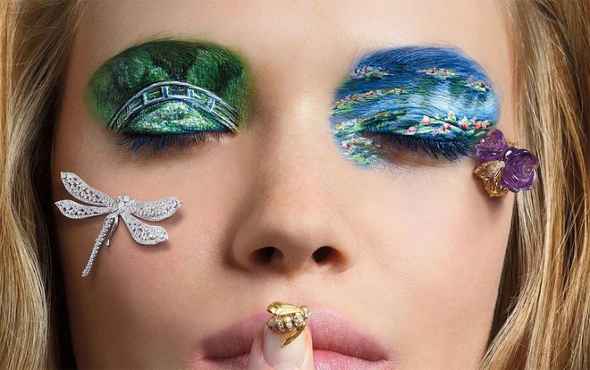 From left: Tiffany & Co. dragonfly brooch; Dior Fine Jewelry ring and bee earrings. Artwork inspired by Claude Monet. From left: 'Water-Lily Pond', 1919; 'Water Lilies', 1919