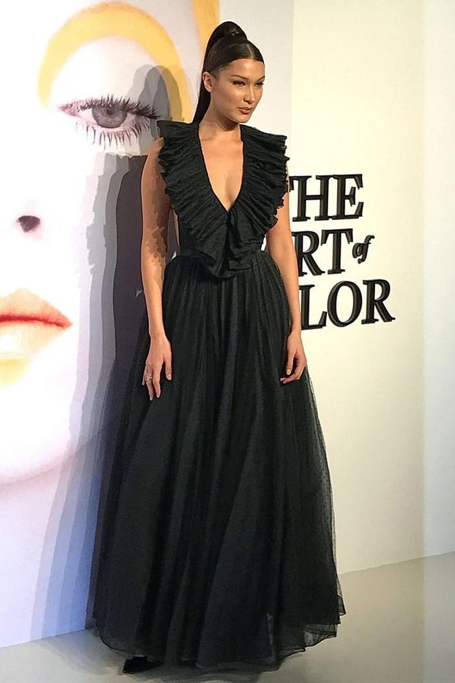 In a plunging ruffled black tulle gown by Dior. Photo: Getty 