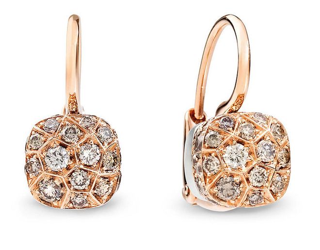 Rose gold, white gold and brown diamond Nudo Solitaire earrings. Photo: Pomellato