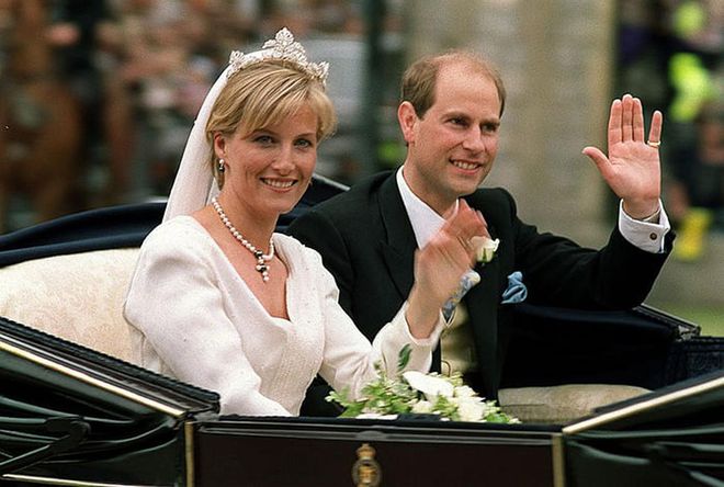 Sophie married Prince Edward, Queen Elizabeth's youngest son, in an intimate royal wedding at Windsor Castle in 1999. Sophie's diamond tiara was a gift from the Queen. It was remodeled for Sophie by the crown jeweler, and was created out of four pieces of a crown that once belonged to Queen Victoria, according to the Knot.