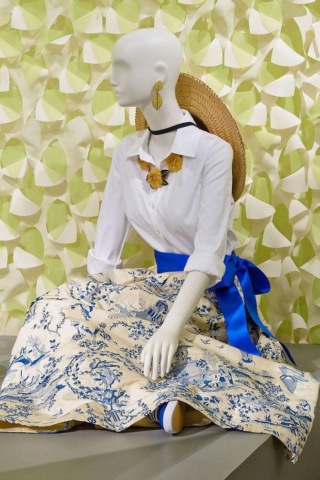 Oscar de la Renta, Evening Ensemble with Reproduction Blouse, 2002, cotton, silk shantung, sequin and bead embroidery, and grosgrain ribbon, Collection of Alexandra Kotur.
