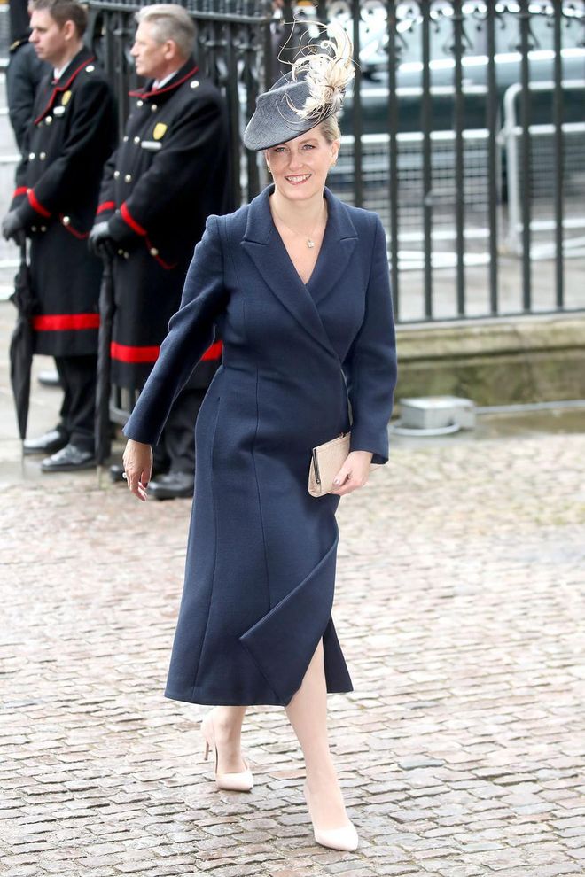 For this year's Commonwealth Day Service, the entire royal family was quite color-coordinated, all wearing blue and white (aside from the Queen, that is). Here's how Sophie, Countess of Wessex styled her navy ensemble.
Photo: Getty