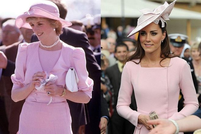 Diana wearing Catherine Walker in Sicily during the Royal Tour of Italy in April 1985; Kate in Emilia Wickstead at a garden party at Buckingham Palace in May 2012.