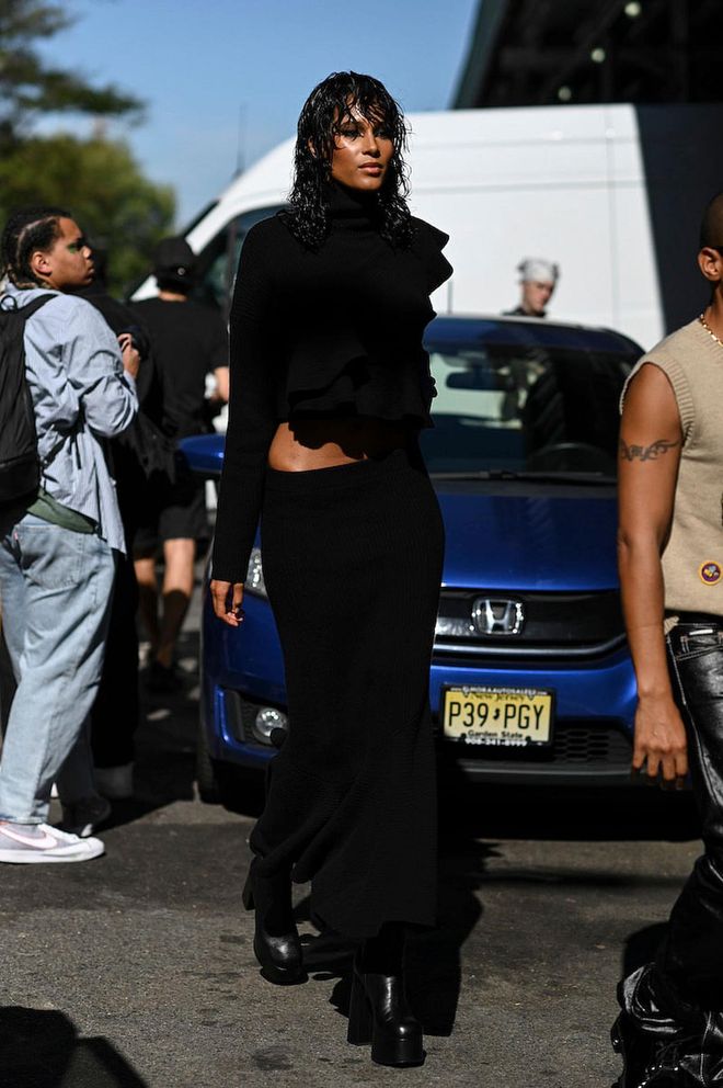NEW YORK, NEW YORK - SEPTEMBER 10: Cindy Bruna is seen wearing a black sweater and black skirt outside the Altuzarra show during New York Fashion Week S/S 2023 on September 10, 2022 in New York City. (Photo by Daniel Zuchnik/Getty Images)
