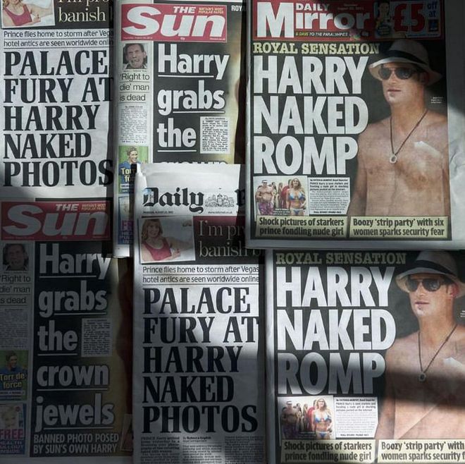 Prince Harry found himself the victim of a TMZ kiss-and-tell after being photographed nude in Las Vegas with an unnamed woman during a pre-Afghanistan trip with pals. While under fire at the palace, the prince witnessed solidarity from troops and their wives around the world who posted naked pictures of themselves online. During a 2013 interview, he called the incident, “a classic example of me probably being too much army, and not enough prince.”

Photo: AFP / Getty