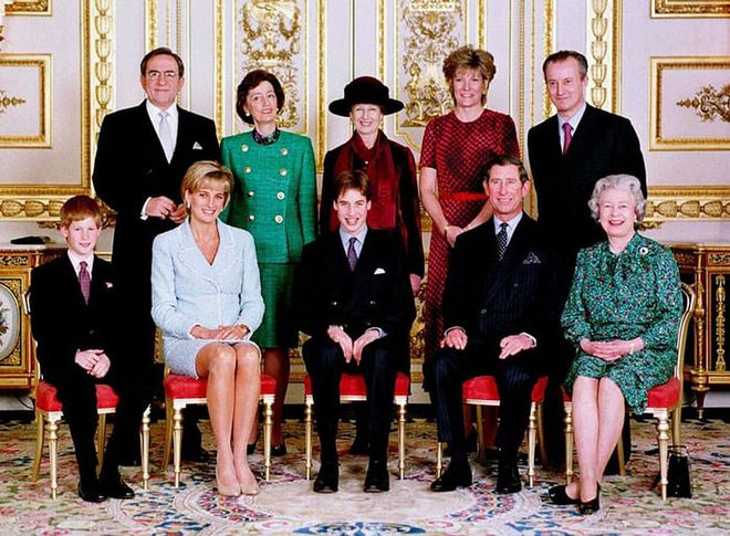 The royal family poses for 14-year-old Prince William's confirmation. Prince Harry, Princess Diana, Prince Charles, the Queen, King Constantine, Lady Susan Hussey, Princess Alexandra, the Duchess of Westminster and Lord Romsey join William for the portrait, taken at Windsor Palace.