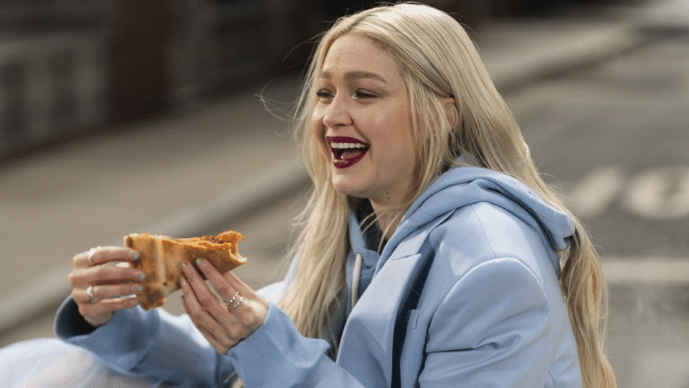 Gigi Hadid Eats Pizza In A Blue Princess Gown Behind The Scenes Of n NYC Photo Shoot
