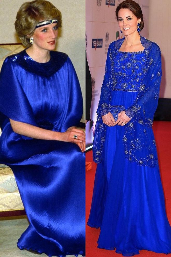 Diana in Yuki before a dinner in Japan in May 1986; Kate in Jenny Packham at a Bollywood gala in Mumbai, India in April 2016.