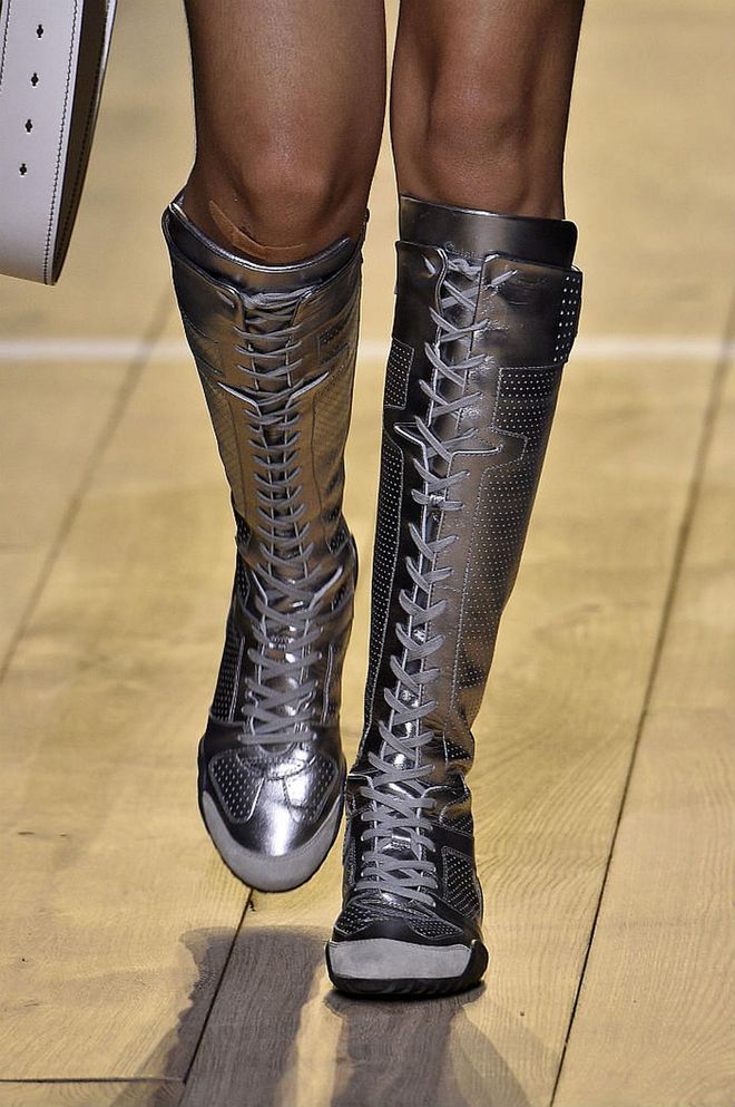Seen in: Paris Fashion Week SS17 // Maria Grazia Chiuri also incorporated comfortable footwear in Dior's Spring Summer 2017 collection. Ensuring that the flats command attention, they're crafted to be knee-high and come in a shimmering silver for a casual day look with a touch of splendour  (Photo: Getty)