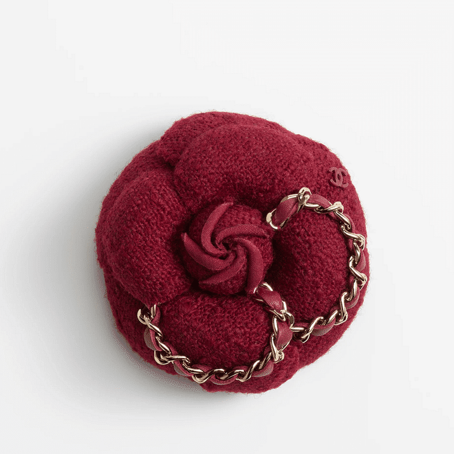 Chanel Camellia Wool Tweed, Calfskin, & Gold-Tone Metal Burgundy