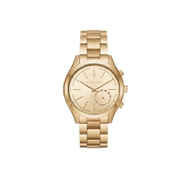 An oversized gold watch has become a trademark of Michael Kors; the latest rendition syncs with your mobile phone to provide an activity tracker, messaging, and music controls. It can even snap a selfie! Access Slim Runway Gold-Tone Hybrid Smartwatch ($250), michaelkors.com 