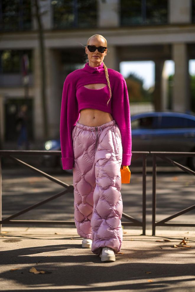 Seven Wildly Different Ways To Style A Vibrant Pink Outfit-Crop Top and Wide-Leg Pants