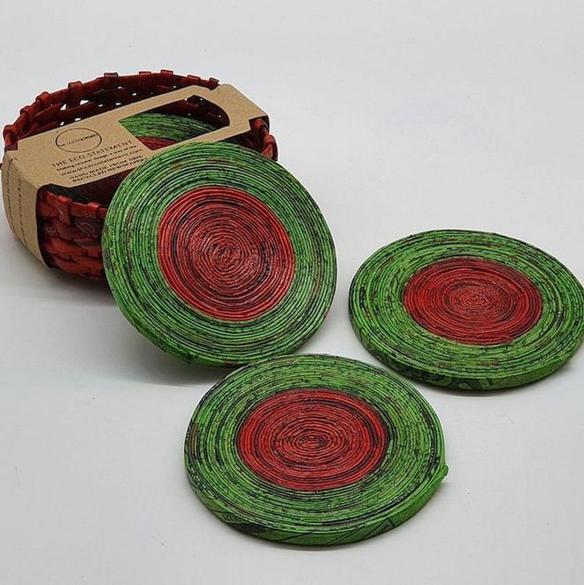 Recycled Newspaper Coasters with holder, $15 (6 coasters), The Green Collective