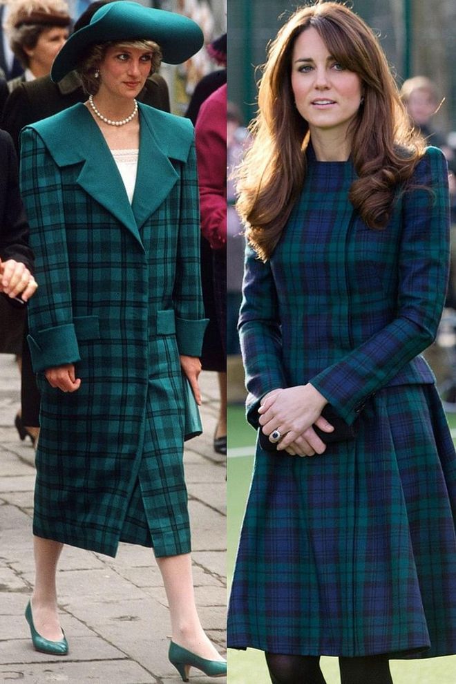 Diana in a coat by the Emanuels while touring Venice with Charles in 1985; Kate wears Alexander McQueen while visiting St. Andrew's School, her alma mater, in November 2012.