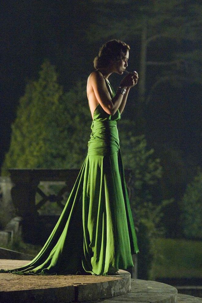 Voted as one of the greatest film costumes of the 2000s, something about Keira Knightley’s slinky gown in Atonement’s fateful party scene struck a chord with audiences: the little girl and childhood friend of Robbie Turner (James McAvoy) becomes a woman seemingly overnight, a bewitching, and ultimately tragic, vision in emerald. 