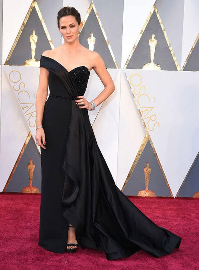The most Googled dress from the 2016 Oscar red carpet was this structured Versace gown worn by Jennifer Garner. Her appearance at the Oscars marked her first red carpet since the split from ex-husband Ben Affleck, and Garner made a confident impression in this dramatic black gown.