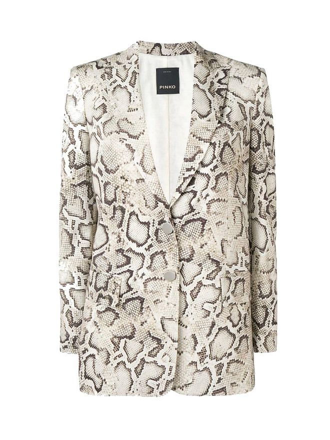 This one’s not easy to pull off, but we couldn’t help recommending it because animal prints continue to be the rage in Spring/Summer ’19. An easy way to slither into the trend is to pair this white snakeskin printed blazer from Italian label Pinko with neutral coloured (think: cream, beige and the like) bottoms. We’re loving the surprising neon stripe on the back.

