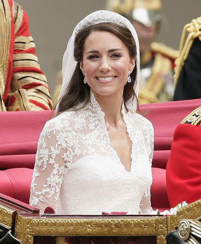 Kate wore the Cartier Halo Tiara, also called the Cartier Scroll Tiara, for her wedding to Prince William in 2011. It was loaned to the Duchess by Queen Elizabeth II. The tiara was purchased by Elizabeth's father, King George VI, for his wife, the Queen Mother, in 1936. The Queen Mother then gave the gorgeous tiara to Elizabeth on her 18th birthday.