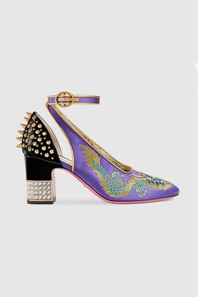 Gucci delivered the Jekyll and Hyde of the shoe world this season - from the front its satin Mary Janes  are covered in oriental embroidery and from behind adorned with punk-like gold studs.
Mid-heel pumps, £1,050, Gucci.