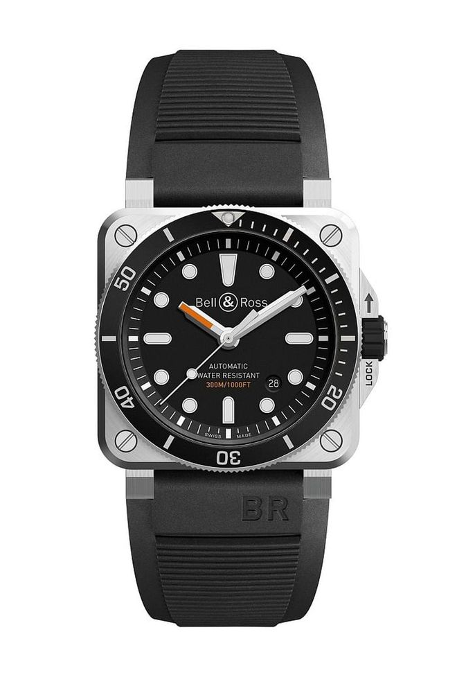 Bell & Ross adapts a classic watch—featuring the recognizable square shape of its iconic pilot watch—into a new diver that combines the diverse design DNA of its various collections. The self-winding stainless steel watch is antimagnetic and water-resistant to 300 meters.