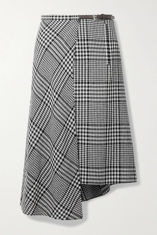 + NET SUSTAIN Sterling Leather-Trimmed Checked Wool-Blend Wrap Midi Skirt, $852, TIBI at Net-a-Porter