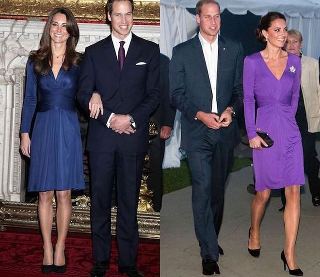 For her 2011 tour of Canada, Duchess Kate wore a purple version of her now-iconic engagement dress, by Issa. Photo: Getty 