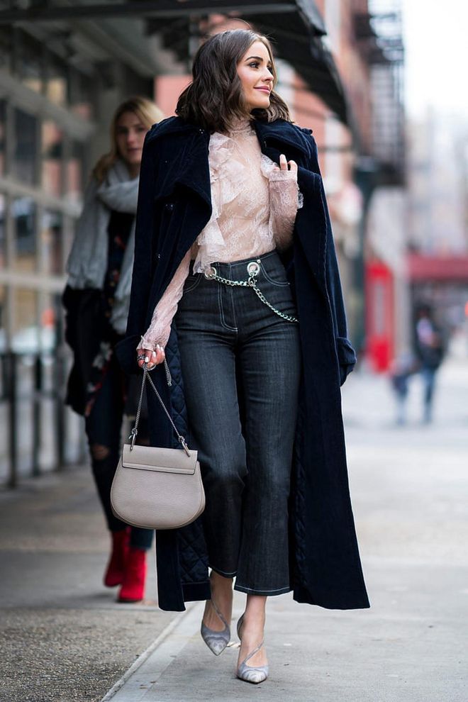She was seen wearing Nina Ricci coat, Philosophy top, Miaou jeans with Francesco Russo shoes in the West Village of New York City.  Photo: Getty