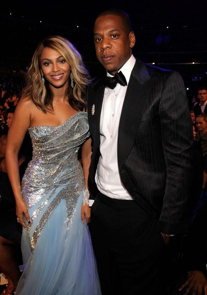 Here's Beyoncé and Jay Z inside the 50th Annual Grammy Awards, where Queen B wore this sparkly pale blue Elie Saab gown. 