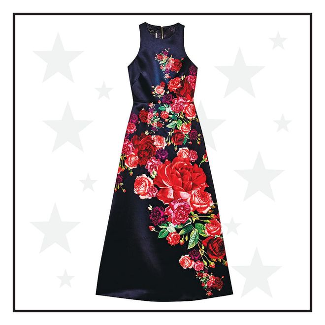 A burst of vivid cabbage roses adds a dash of fun to an otherwise sober silhouette.