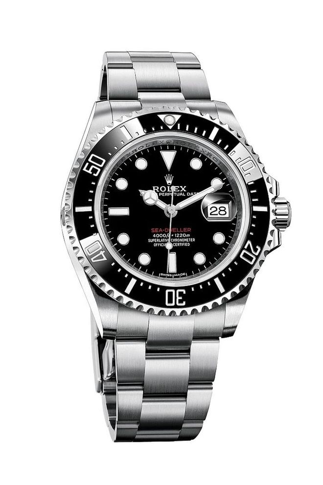The steel Rolex Sea-Dweller, a legendary and historically significant dive watch, celebrates its 50th anniversary this year. With an updated and slightly larger profile clocking in at 43mm, the self-winding mechanical watch can hit depths of 1,220 meters (4,000 feet) and features a patented helium escape valve that made the watch famous amongst professional scuba divers. The red Sea-Dweller name on the dial is an important and notable detail that should please collectors.