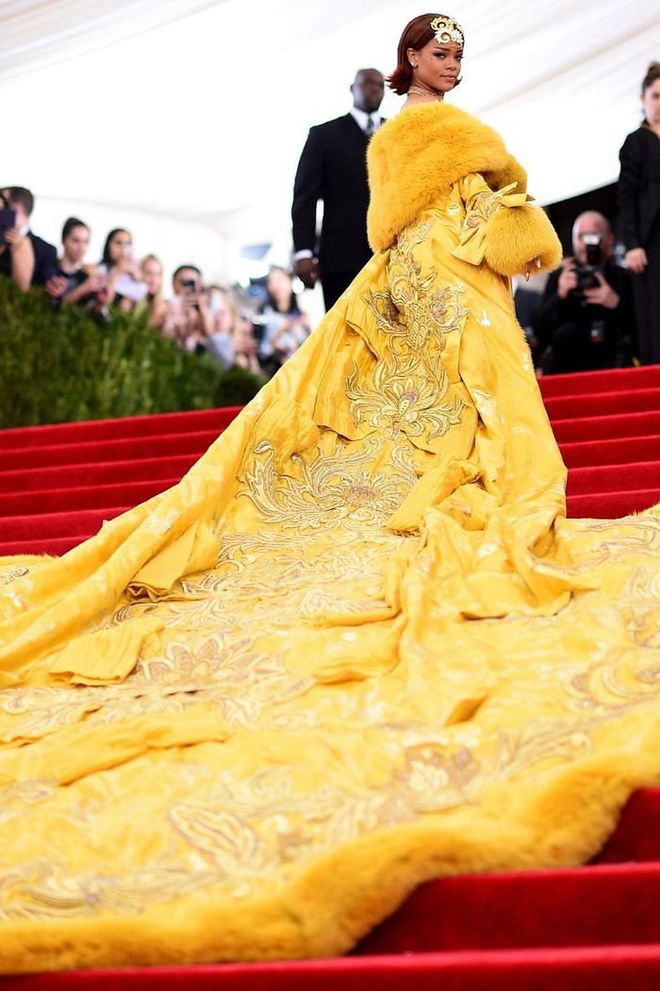 Never has a Met Gala look gone so instantly viral as the yellow cape gown Rihanna wore in 2015 - popularly dubbed 'the omelette dress' - which sparked countless memes. The ornate look, by Chinese couturier Guo Pei, took 20 months to create and weighed approximately 55 pounds.

Photo: Getty