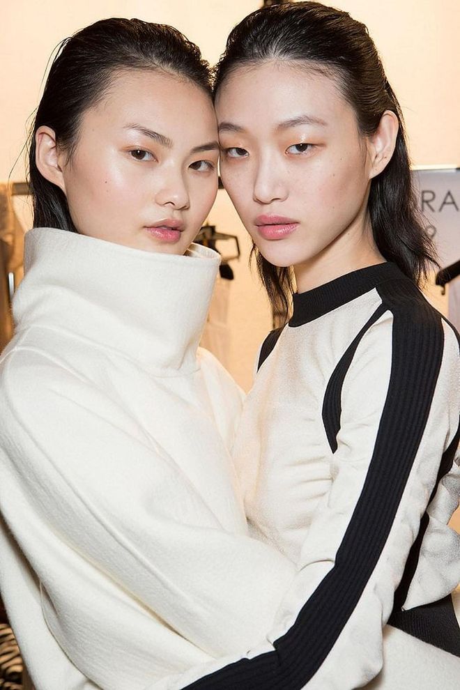 The tossed-back hair at Sportmax wasn't slick or wet but it was definitely shiny. 